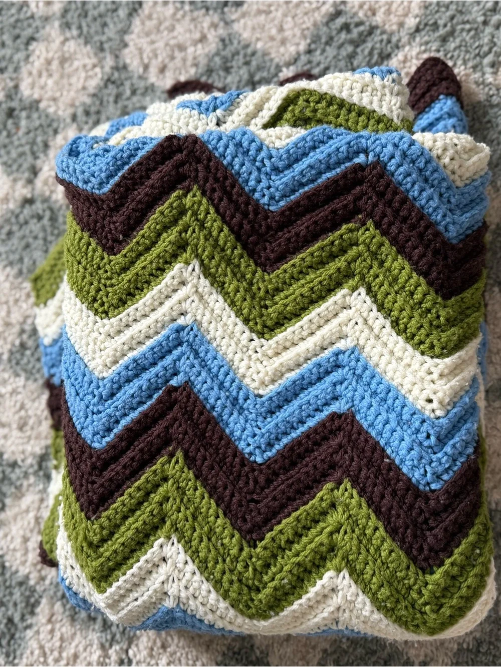 VTG Handmade Chevron Crochet Afghan Blanket Blue Green Brown Cream Hippie Boho
